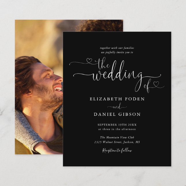 Convite para Casamento de Fotos de Script Preto de (Frente/Verso)