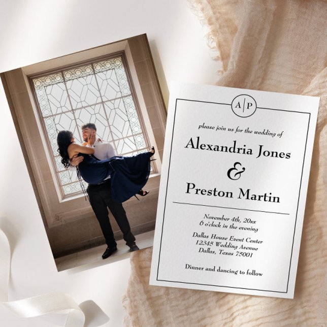Convite para casamento de fotos do Monograma Branc (simple monogram elegant wedding invitation with engagement photo on back)