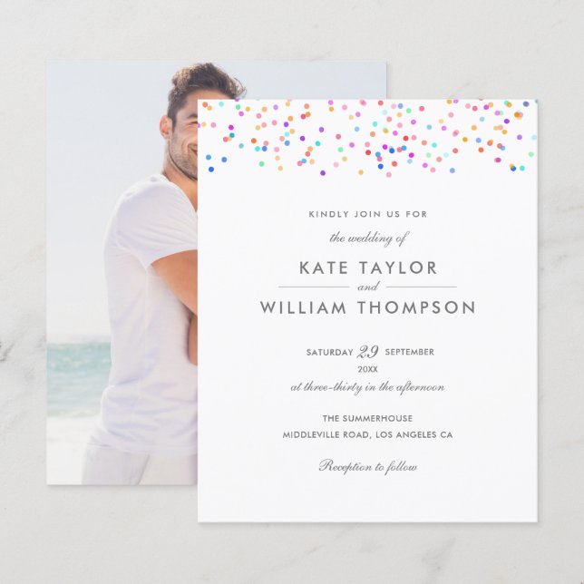 Convite para casamento de fotos do Rainbow Confett (Frente/Verso)