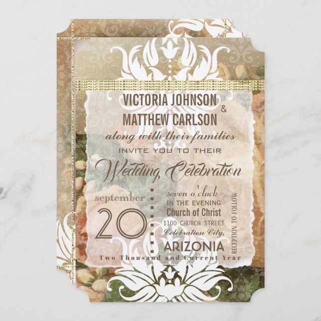 Convite para Casamento de Fotos Dourada Rosa Rosa  (Frente/Verso)