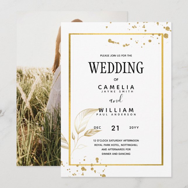 Convite para casamento de fotos Douradas e brancas (Frente/Verso)