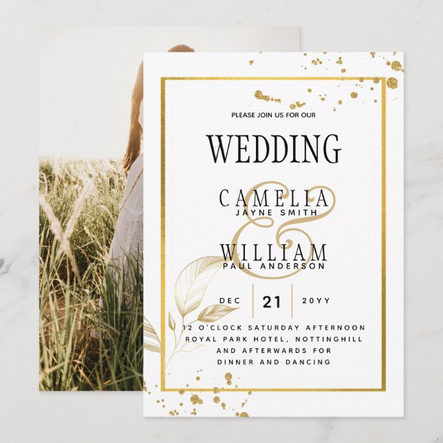 Convite para casamento de fotos Douradas e brancas (Frente/Verso)
