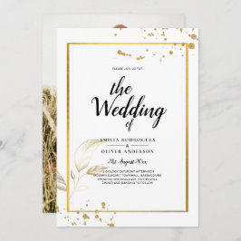 Convite para casamento de fotos Douradas e brancas