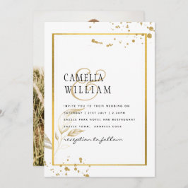 Convite para casamento de fotos Douradas e brancas