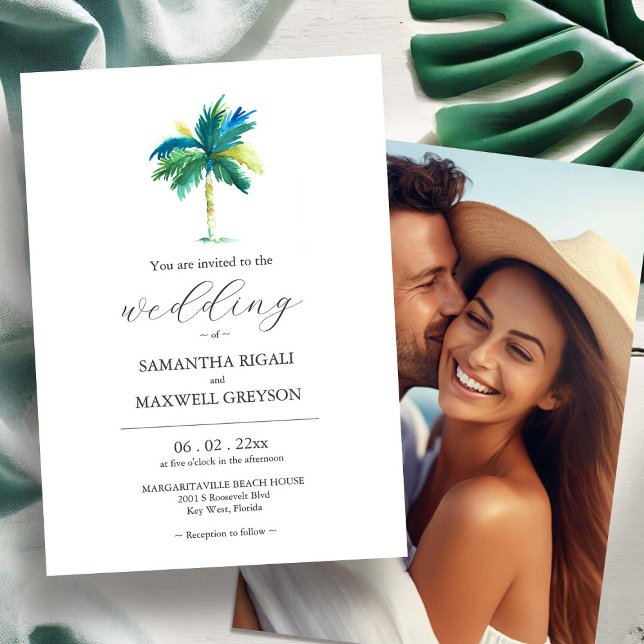 Convite para Casamento de Fotos em Árvore de Palma (Watercolor Palm Tree wedding invitations with photo by Victoria Grigaliunas Do Tell A Belle)