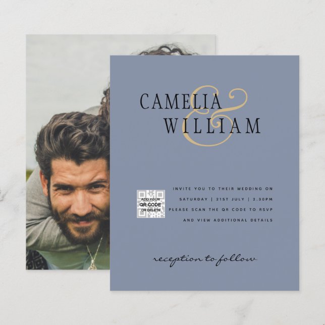 Convite para casamento de fotos QRCode RSVP Dusty  (Frente/Verso)