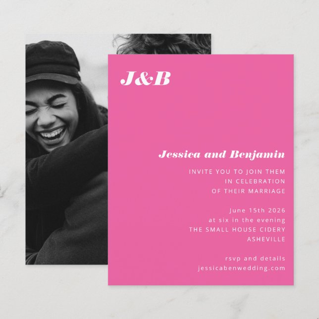 Convite para Casamento de Fotos Rosa Quente do Mon (Frente/Verso)