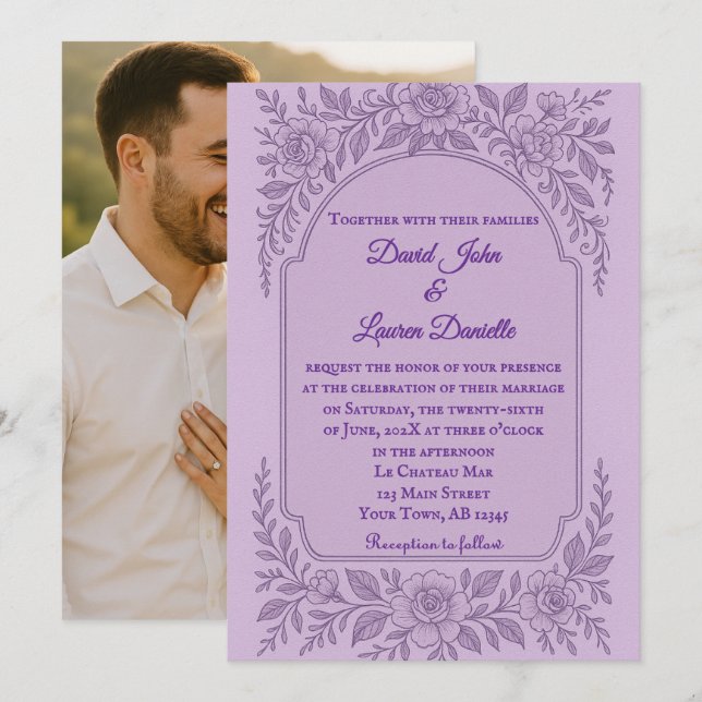 Convite Para Casamento De Fotos Violet Vows (Frente/Verso)