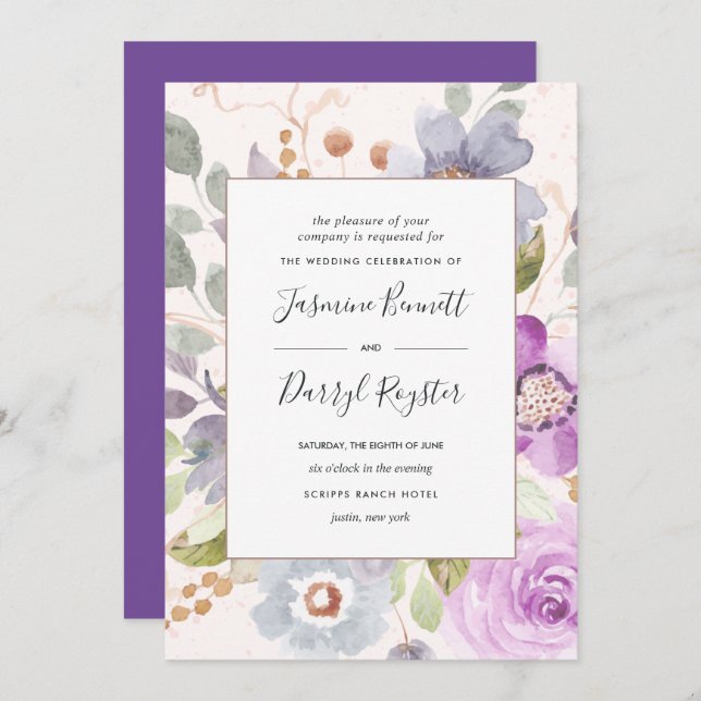 Convite para Casamento de Frame Blooms Lilac (Frente/Verso)