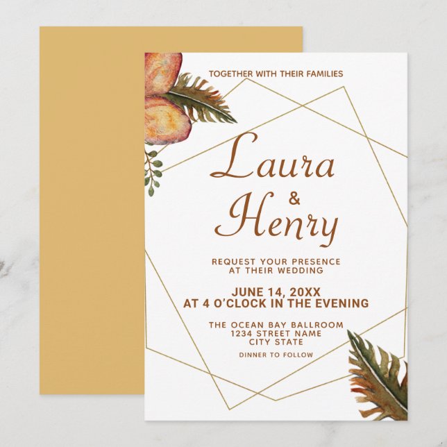 Convite para Casamento de Frame Dourado Floral de  (Frente/Verso)