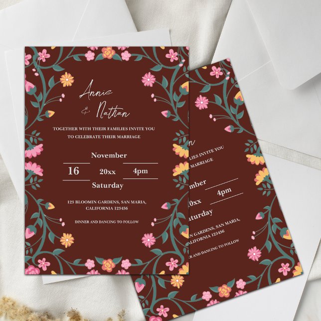 Convite para Casamento de Frame Floral de Intrato  (Red Intricate Floral Frame Wedding Invitation)