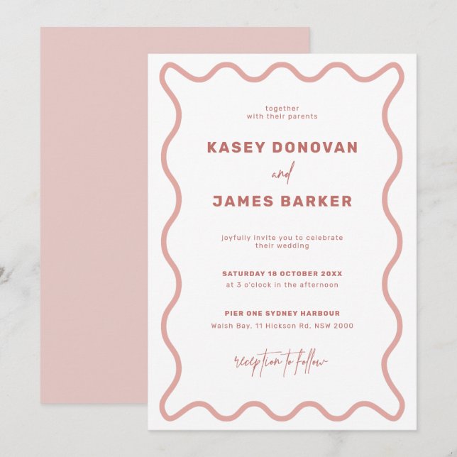 Convite para Casamento de Fronteira Branca e Rosa (Frente/Verso)