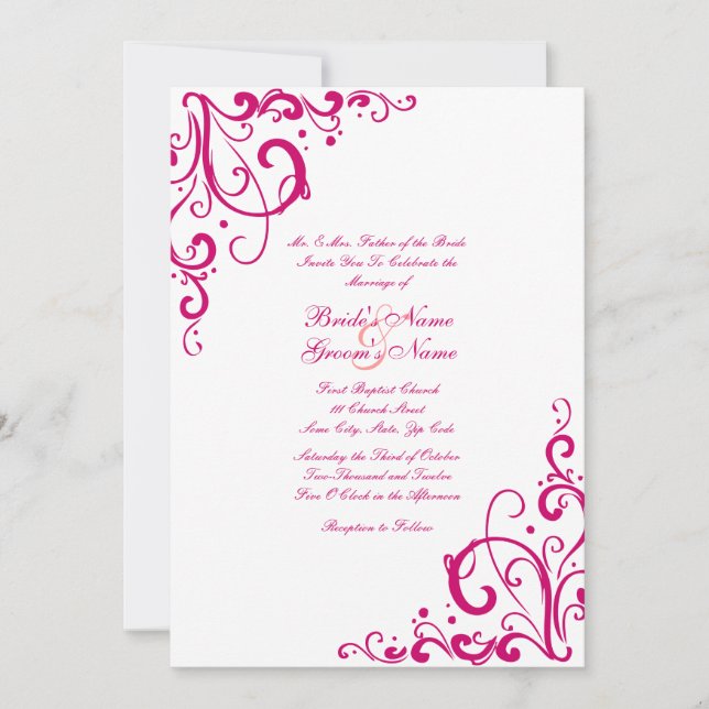 Convite para Casamento de Fuschia e Flourish Branc (Frente)