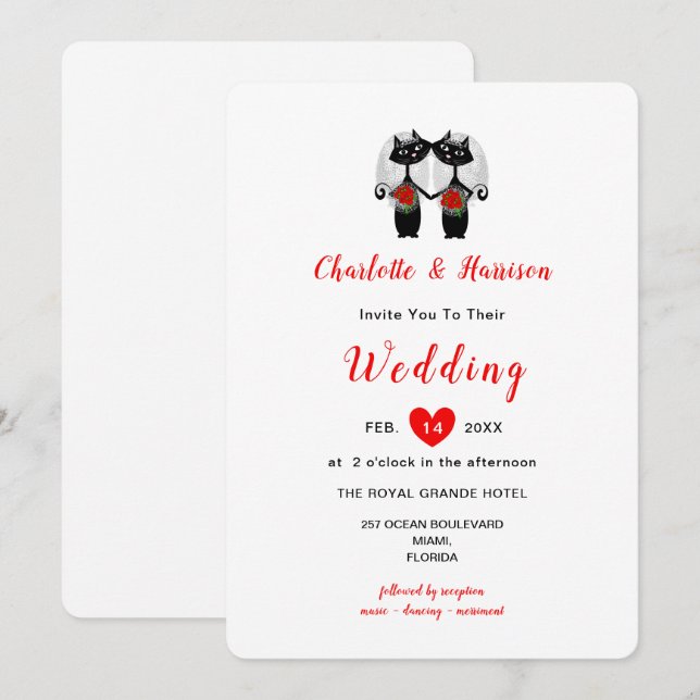 Convite para Casamento de Gatos Negros Brancos e C (Frente/Verso)