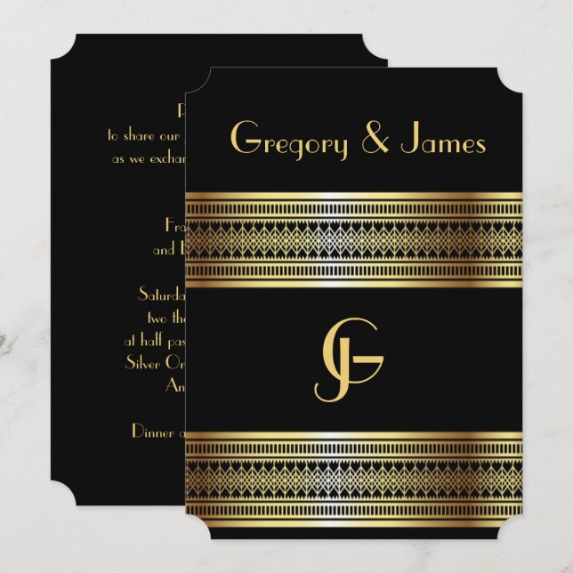 Convite para Casamento de Gay/Lésbica Preto e Dour (Frente/Verso)