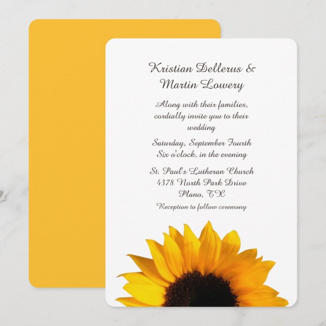 Convite para Casamento de Girassol Amarelo (Frente/Verso)
