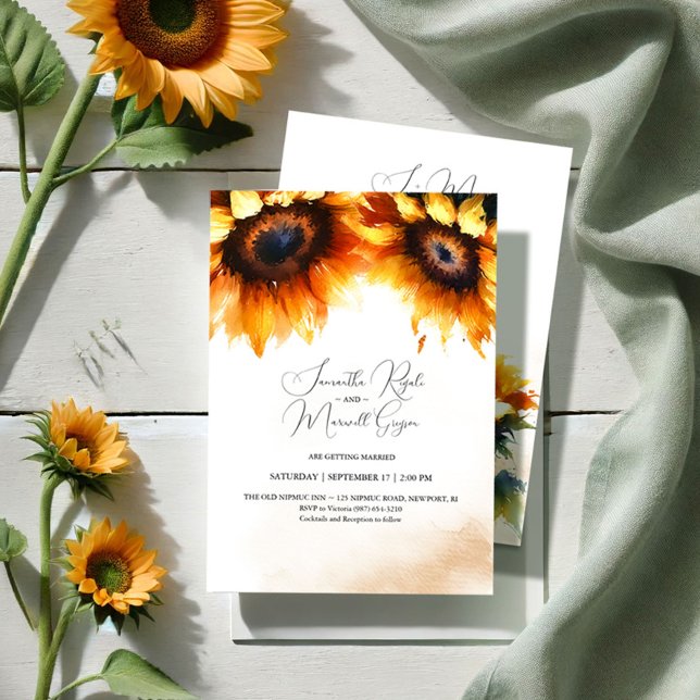 Convite para Casamento de Girassol Amarelo (Sunflower wedding invitations additional information on the back modern rustic stationery)