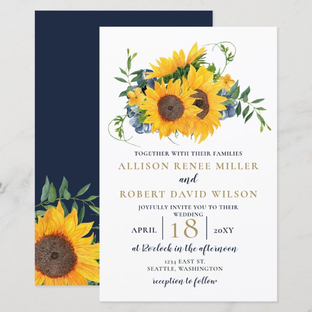 Convite para casamento de girassol com Marinho de  (Frente/Verso)