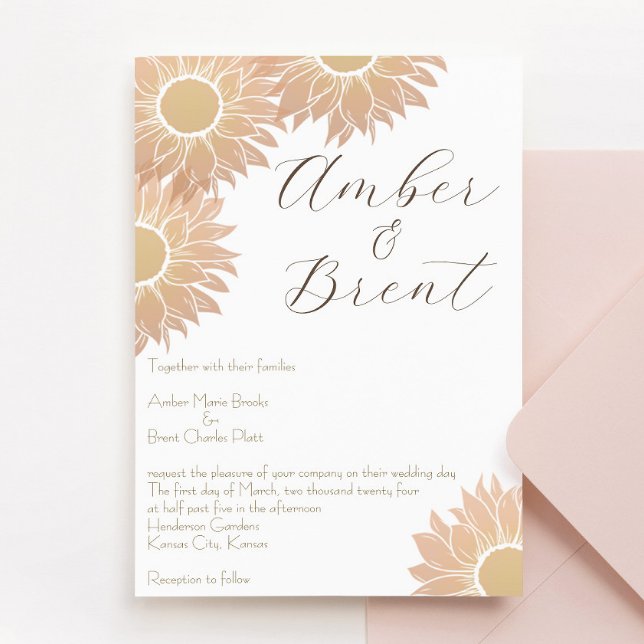 Convite para casamento de girassol moderno e simpl (sunflower peach pink and yellow wedding invitation, perfect for spring or summer weddings!)