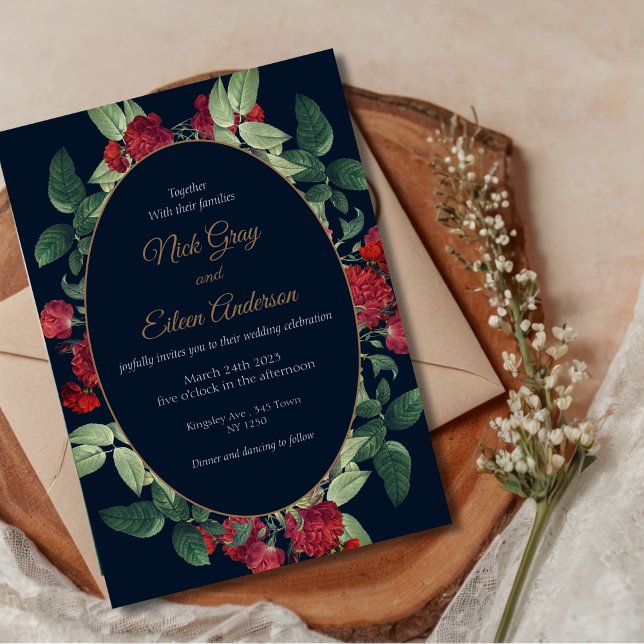 Convite para Casamento de Góticos de Imagem Negra  (Elegant Watercolor Red Floral Wedding Invite)