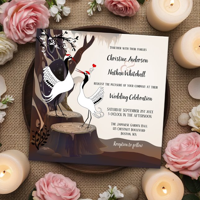 Convite para Casamento de Gruas Japonesas (Whimsical wedding invitation featuring a drawing of two Japanese cranes in love in a rustic forest)