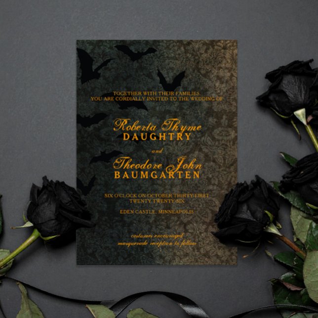 Convite para Casamento de Halloween de Damasco Neg (Dark Damask pattern with subtle bats and orange text, gothic victorian wedding invitation)