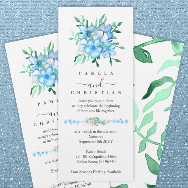 Convite para Casamento de Hibiscus Tropical Azul,  (tropical blue hibiscus wedding bouquet, green leaves, beach wedding, watercolor sea turtle)