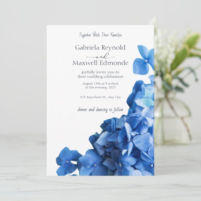 Convite para Casamento de Hydrangea Azul Elegante (Em pé/Frente)