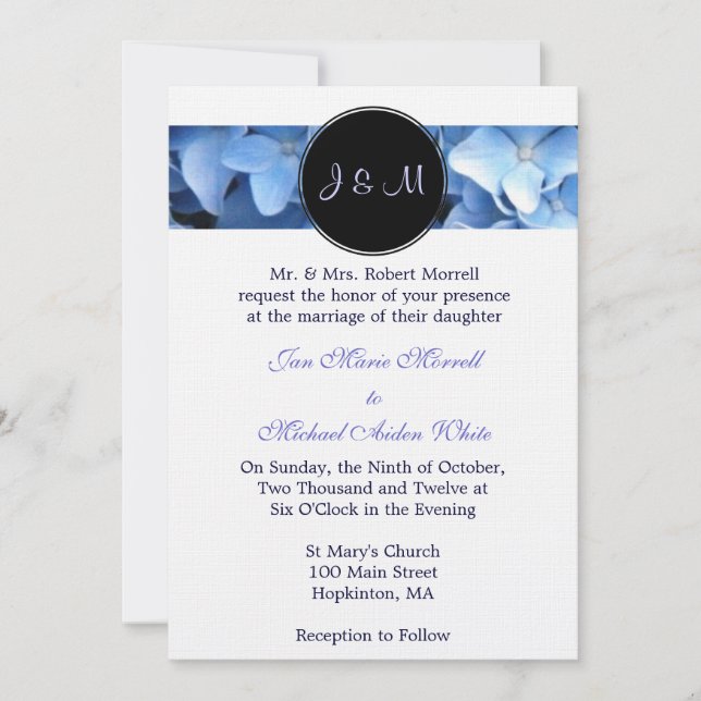 Convite para Casamento de Hydrangea Azul Monograma (Frente)