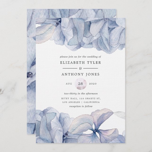 Convite para Casamento de Hydrangeas Azul (Frente/Verso)