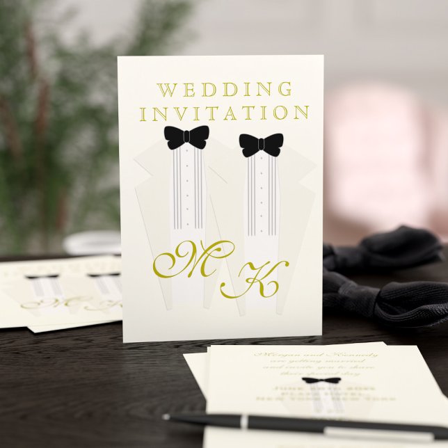 Convite para Casamento de Ivory Tuxedo Dois Grooms (Just add your wedding details!)