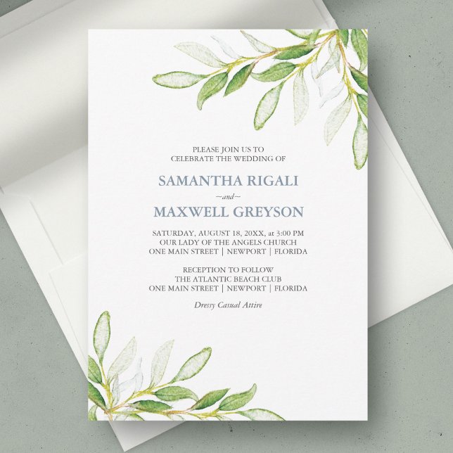 Convite para Casamento de Jardim de Folhas Botânic (wedding invitation sage green botanical watercolor greenery unique art by Victoria Grigaliunas )