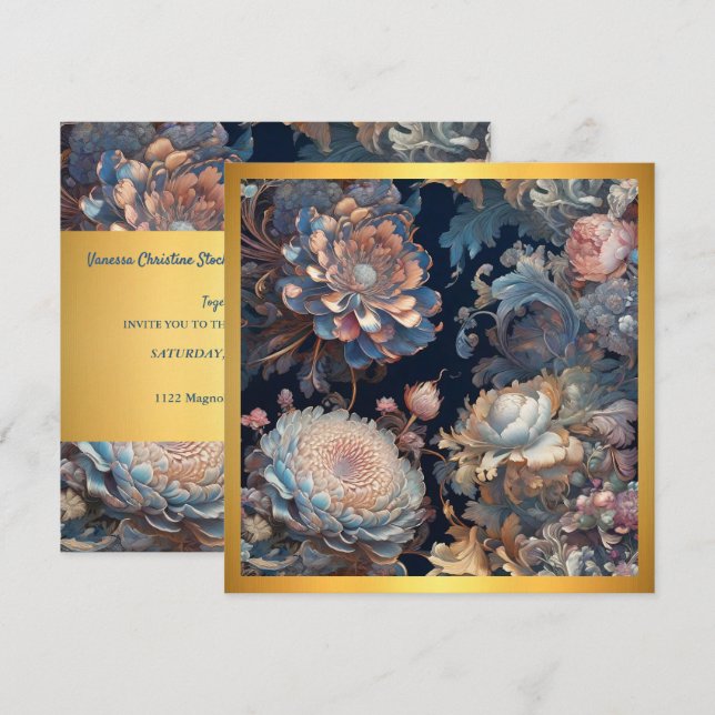 Convite para Casamento de Jardim Primavera Azul (Frente/Verso)