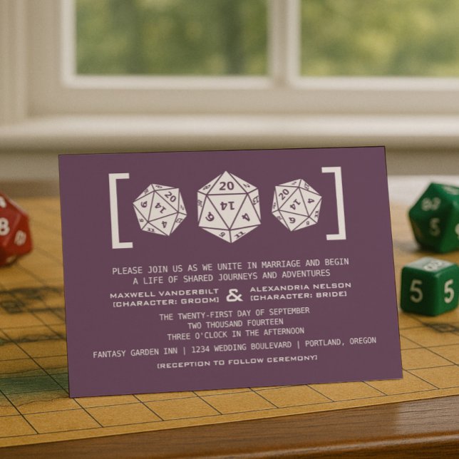 Convite para Casamento de Jogadores de Dice D20 Ro (Purple D20 Dice Gamer Wedding Invitation)