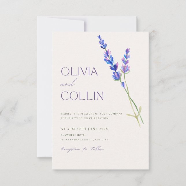 Convite para Casamento de Lavanda de Aquarela Eleg (Frente)