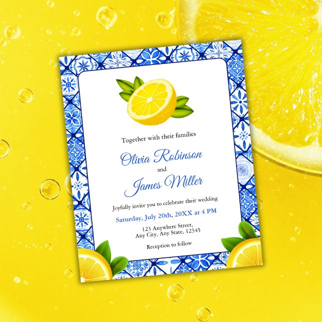 Convite para Casamento de Limão-Azulejo do Mediter (Budget Mediterranean Italian Blue Tile - Lemon Wedding Invitation  )