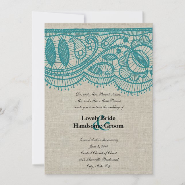 Convite para Casamento de Linen e Teal Lace (Frente)