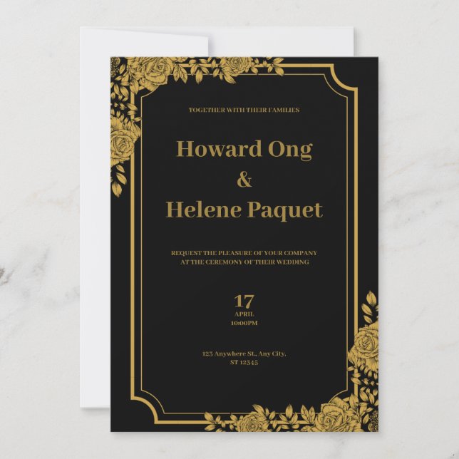 Convite para Casamento de Luxo Negro e Dourado (Frente)
