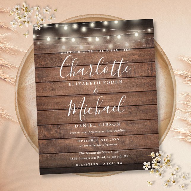 Convite para Casamento de Luzes de Corda Russa de  (Budget Rustic String Lights Wedding Invitation)