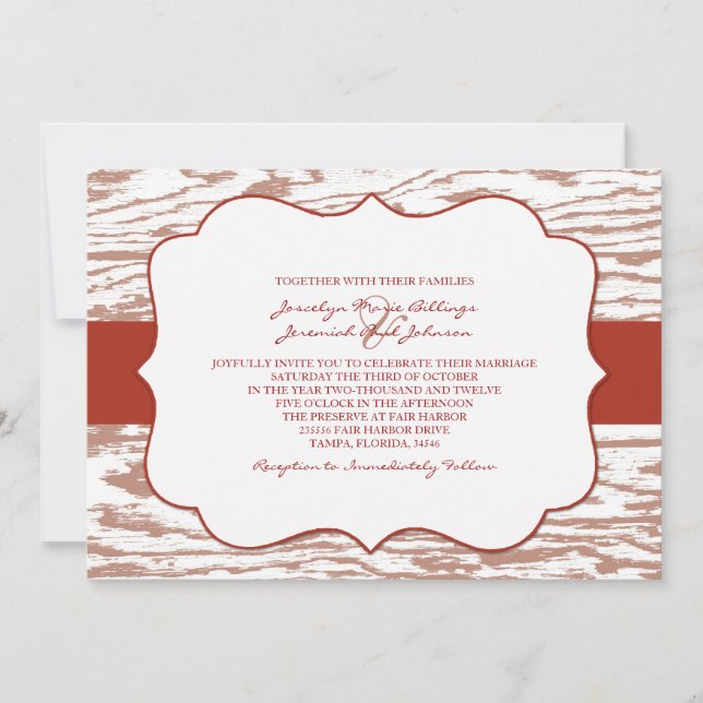 Convite para Casamento de Madeira Chic Vermelha e  (Frente)