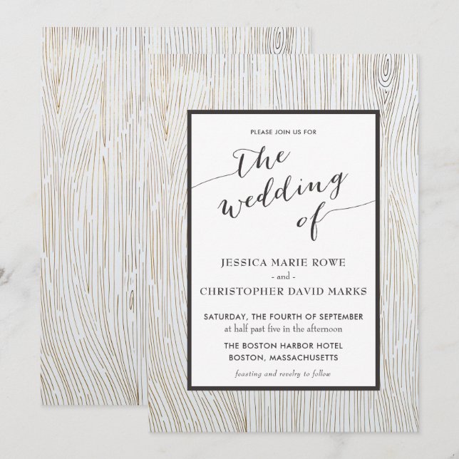 Convite para Casamento de Madeira Dourada Rústica (Frente/Verso)