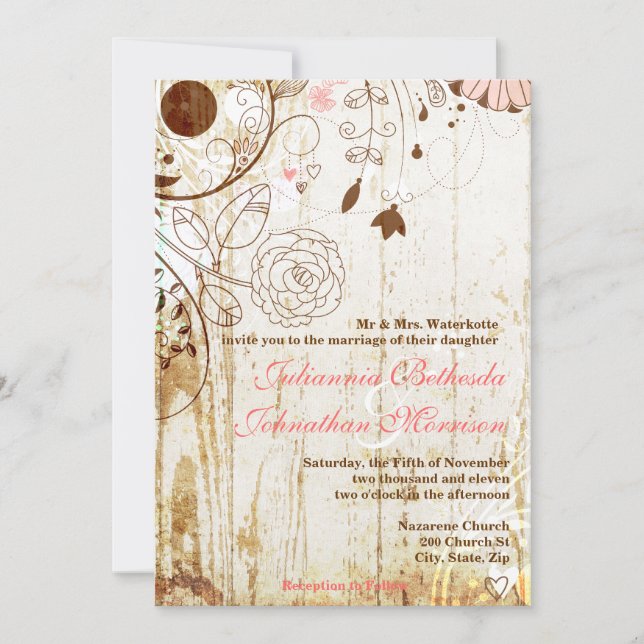 Convite para Casamento de Madeira Floral Chique Vi (Frente)