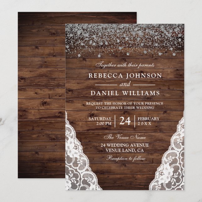 Convite Para Casamento De Madeira Marrom-Rústica E (Frente/Verso)