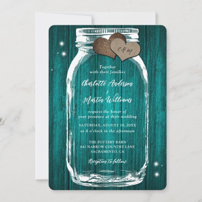 Convite para Casamento de Madeira Rustic Teal Maso (Frente)