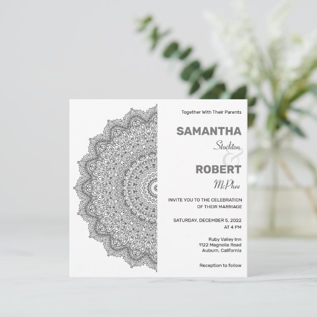 Convite para Casamento de Mandala Branca e Preta C (Em pé/Frente)