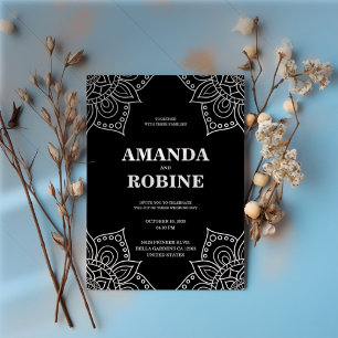 Convite para Casamento de Mandala Preto e Branco