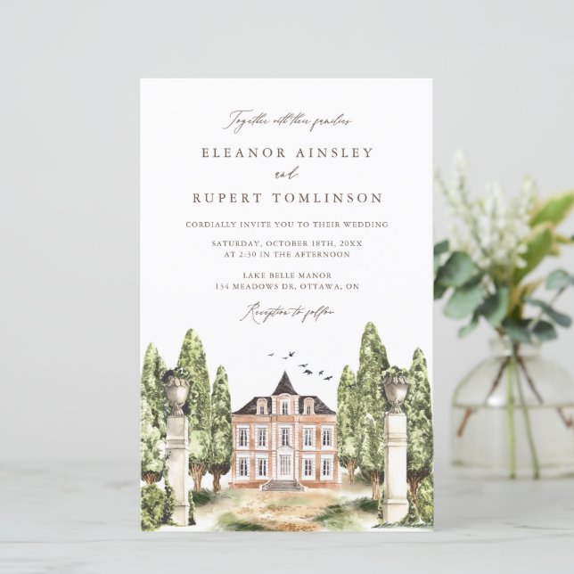 Convite para Casamento de Manor House em Watercolo (Em pé/Frente)