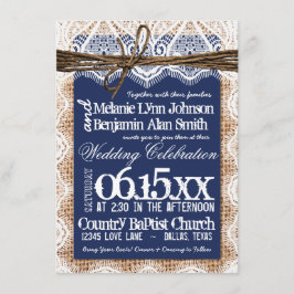 Convite para Casamento de Marinho Azul Burlap, na 