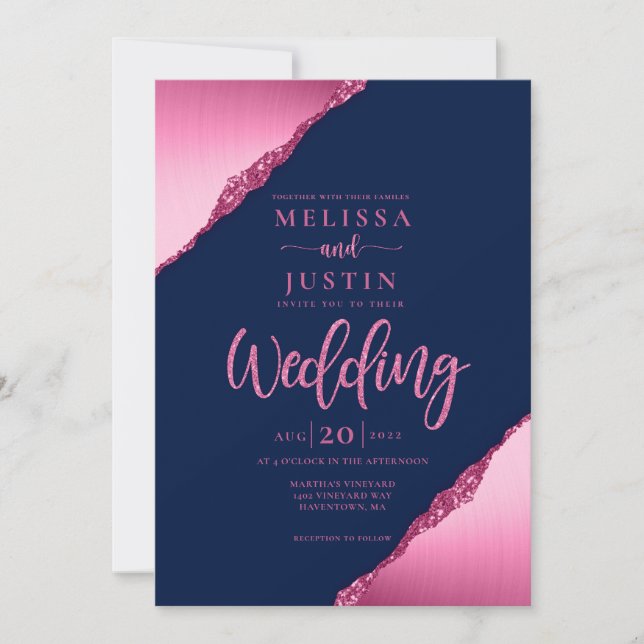 Convite para Casamento de marinho Azul e Fuchsia G (Frente)