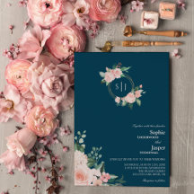 Convite para Casamento de Marinho Floral Blush Mon